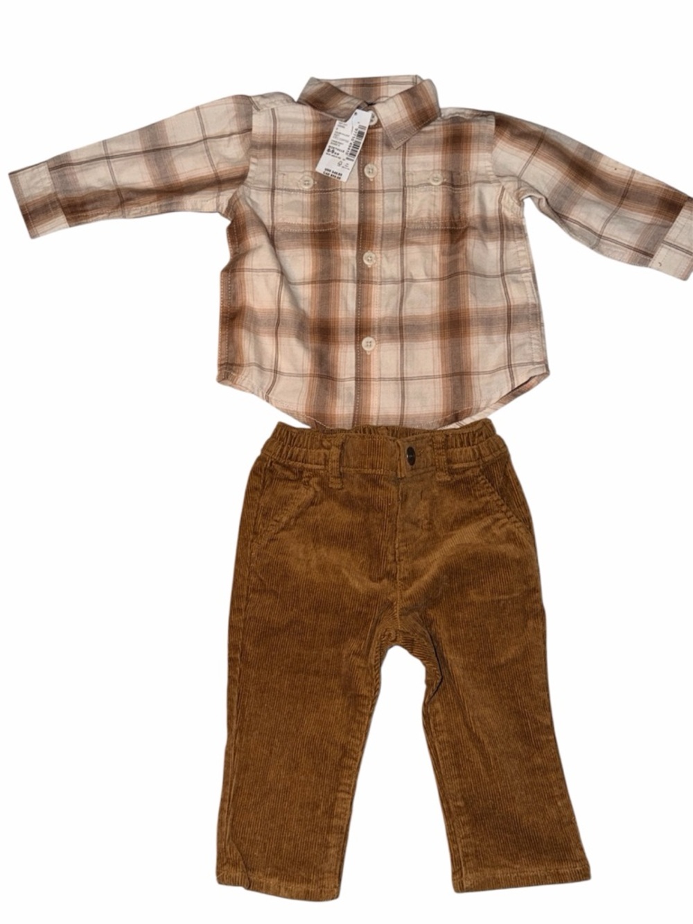 The Children's Place Cream and Brown Plaid Shirt with Tan Corduroy Pants